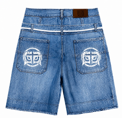 GLAZA GOD Shorts Denim `Patches' -Double Waistband |Blue Jeans