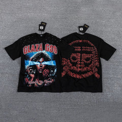 GLAZA GOD Men's Y2K Graphic Oversized T-Shirt – Vintage Streetwear Double-Sided Print Casual Tee