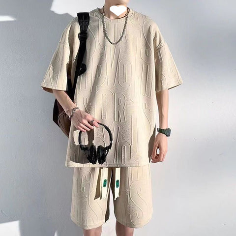 Men's Loose Waffle Short-sleeved Shorts Two-piece Set