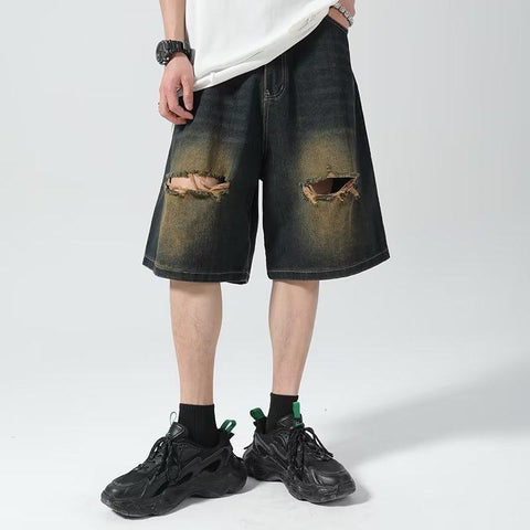 Ripped Denim Shorts Men's Loose Trendy