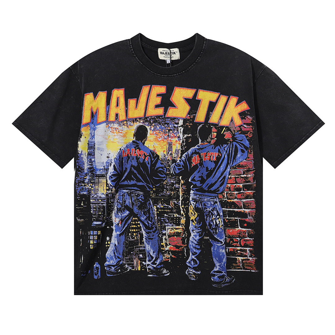 Majestik “City Graffiti” Skyline Vintage Tee（Black）