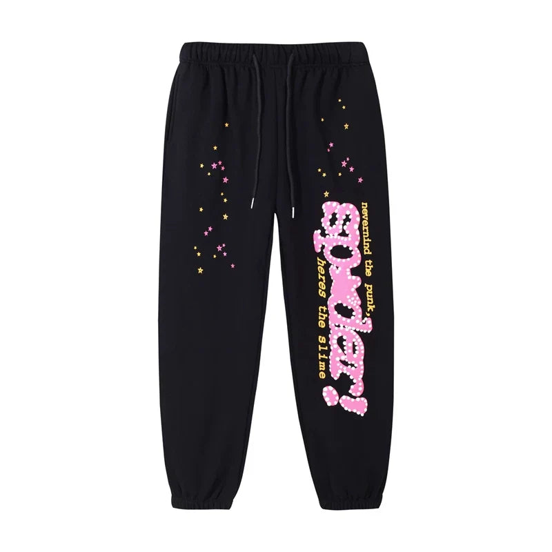 SP5DER Web Graphic Pullover Hoodie and Sweatpants Matching Set - Black / Pink