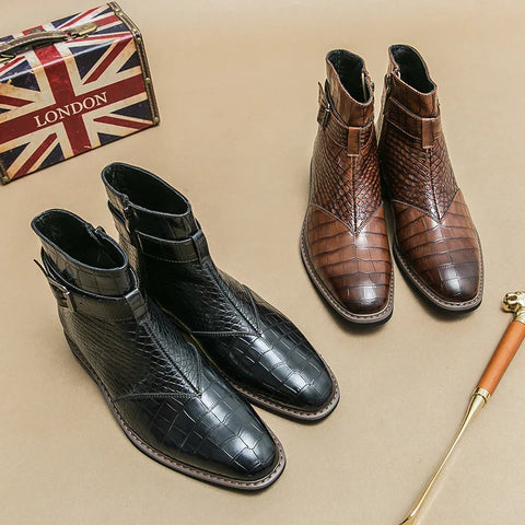 Luxury Dress Leather Men Boots Crocodile Pattern Pointed Toes Casual Leather Boots Men Fashion High Top Boots Party Mes Shoes
