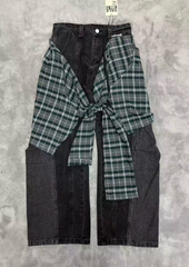 Vale Plaid Patchwork Fake Two-Piece Wide-Leg Jeans