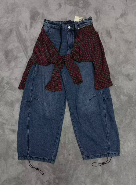 Vale Valley Detachable Plaid Patchwork Wide-Leg Jeans